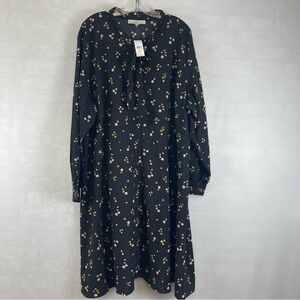 LOFT Plus Tie Neck Floral Midi Dress Black Multi‎ Size 26 Plus NWT